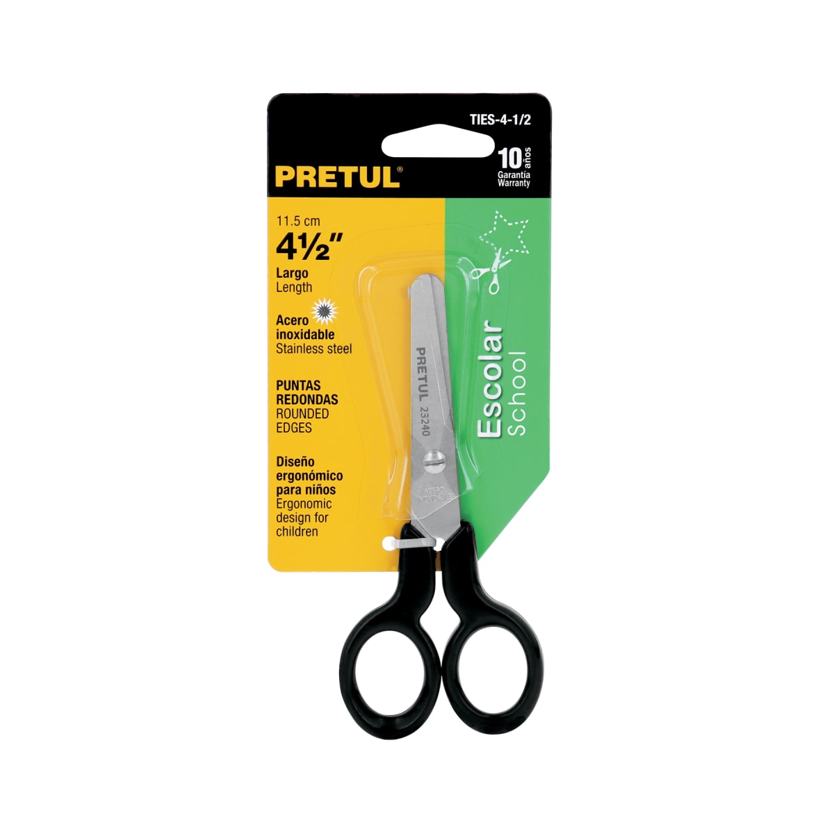 Tijera 4-1/2" escolar, punta roma, acero inoxidable, PRETUL